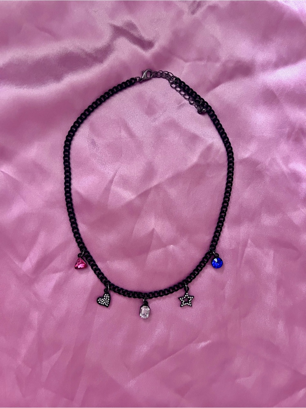 Black Charm Necklace with Pink & Blue Stone Accents